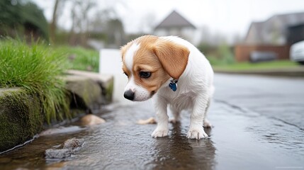 Naklejka na ściany i meble A small puppy, light brown and white, standing in a puddle on a street