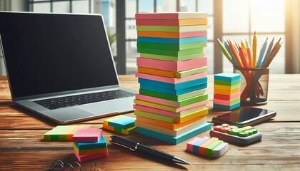 Brightly colored sticky notes arranged in a neat stack for easy office organization