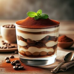 A glass of rich and creamy tiramisu layered with mascarpone and cocoa powder