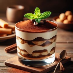 Tiramisu dessert topped with chocolate dust and a mint garnish on a rustic wooden table