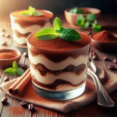 A creamy tiramisu dessert with a hint of coffee flavor and garnished with mint leaves