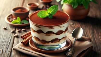 A close-up of creamy tiramisu dessert with layers of coffee-soaked biscuits and cocoa