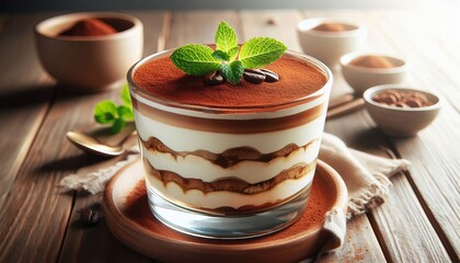 Tiramisu in a glass topped with a mint leaf and dusted with cocoa powder