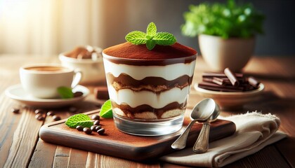 A delicious serving of tiramisu layered dessert with cocoa powder and mint garnish