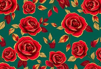 Fototapeta premium Elegant burgundy and gold floral seamless pattern, hand-drawn botanical rose design , design, detail