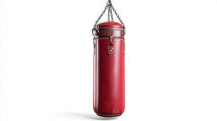 Obraz premium Elevated Shot of a Shiny Red Punching Bag Suspended from Chain in Studio