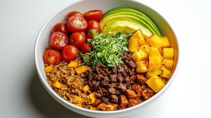Colorful Quinoa Bowl with Roasted Sweet Potatoes, Ground Beef, and Avocado
