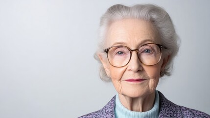 Fototapeta premium An elderly woman with glasses looking directly at the camera, close-up portrait with soft lighting, grey background, and thoughtful expression.