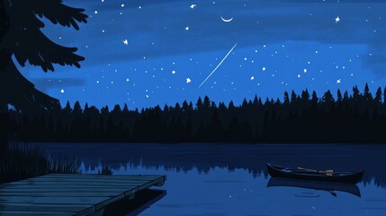 Starry night lake dock with canoe