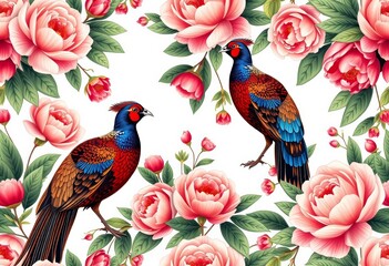 Fototapeta premium Elegant seamless pattern featuring vibrant pheasants and lush peony blossoms, ample negative space, empty space, pheasants