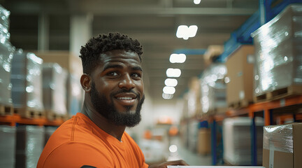 Fototapeta premium Smiling young black man in orange shirt working in warehouse, surrounded by stacked boxes and shelves, industrial lighting creates productive and positive atmosphere