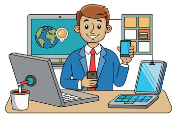 Businessman working with a smartphone in a modern office setting, multitasking with technology and managing online tasks