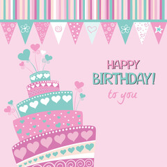 Birthday card. Happy birthday to you. Celebration pink background with  Birthday cake, bunting garland and place for your text. vector illustration