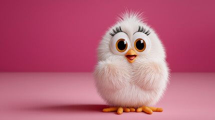 Fototapeta premium Cute chicken stands happily on a soft pink background