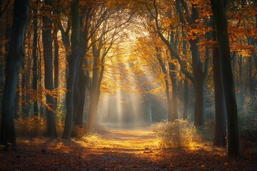 A forest with falling leaves during an early autumn morning. The sun shines brightly between the trees. The ground is covered in leaves and the leaves are colorful due to the time of the year.