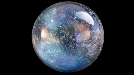 Abstract iridescent glass sphere with swirling patterns on black background.