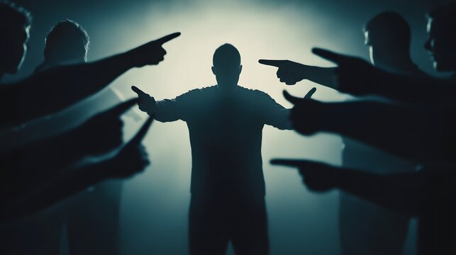 A dark, dramatic scene of a person surrounded by accusing figures.