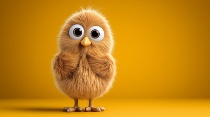 Cute fluffy chicken stands on a solid yellow background