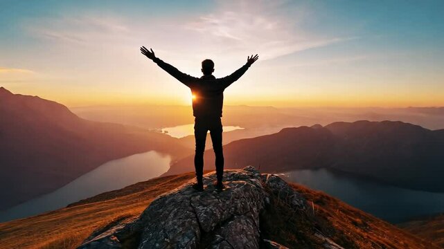 Silhouette of a triumphant man on mountain peak enjoying freedom at sunrise view