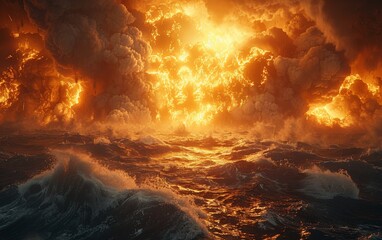 Stylized cinematic explosion at sea with massive water spray, fireball, and thick steam clouds illuminated by orange flame. Maritime disaster concept