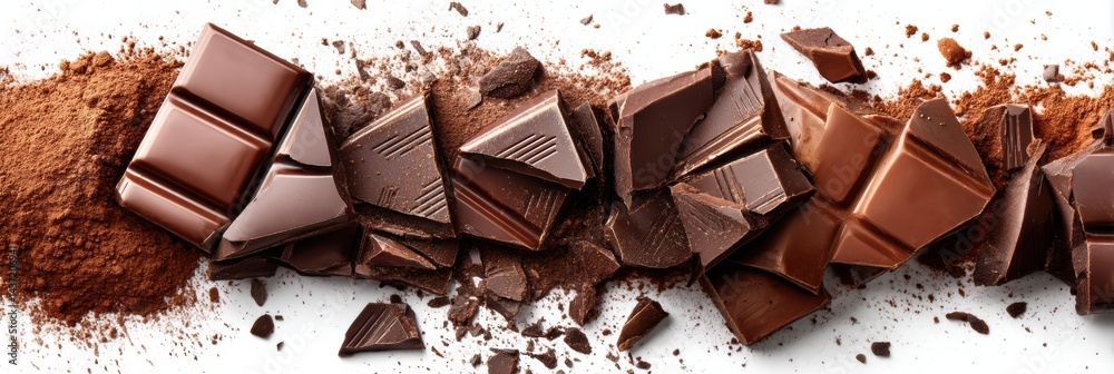 Poster broken chocolate bar and cocoa powder arranged on white surface creates an appealing flatlay perfect