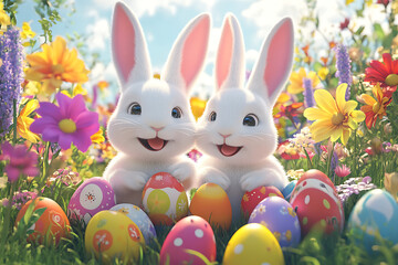 Obraz premium Two cheerful rabbits surrounded by colorful Easter eggs in a vibrant flower garden