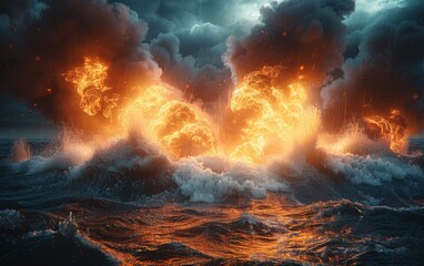 Stylized cinematic explosion at sea with massive water spray, fireball, and thick steam clouds illuminated by orange flame. Maritime disaster concept