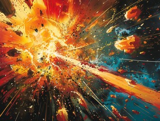 Stylized comic book-style explosion in vivid reds, yellows, and blacks, outlined with exaggerated motion lines, surrounded by abstract motion blur concept