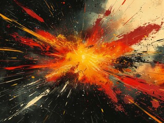 Stylized comic book-style explosion in vivid reds, yellows, and blacks, outlined with exaggerated motion lines, surrounded by abstract motion blur concept