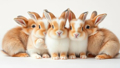 Obraz premium Five fluffy bunnies huddle together on a pure white background, eyes, whiskers