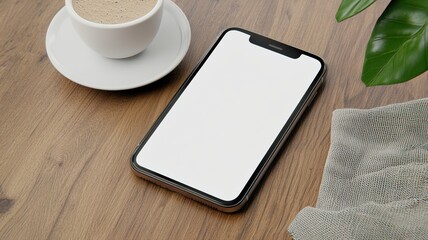 Smartphone Still Life with Coffee and Linen smartphone mobile phone coffee cup linen cloth plant