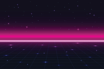 Retro cyberpunk pixel art game scene from the 80s. Dark pink 8-bit sci-fi background. Glowing neon grid and stars from a vintage arcade computer game.