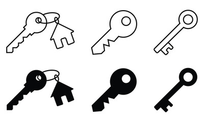  Key vector icon.  Retro and modern house key silhouettes vector template for logo design. Security access logo. Vector set of key icons in different styles. Simple flat shape safety sign