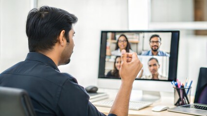 Indian Entrepreneur Discussing Strategy with Team Over Video Call

