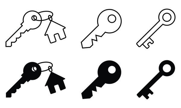  Key vector icon.  Retro and modern house key silhouettes vector template for logo design. Security access logo. Vector set of key icons in different styles. Simple flat shape safety sign