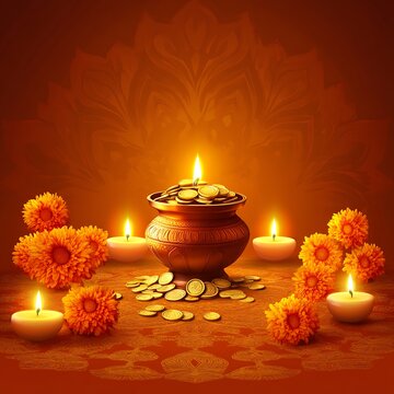 Happy Dhanteras, poster template design with gold coin in pot and decorative diya lamp, vector&nbsp;illustration