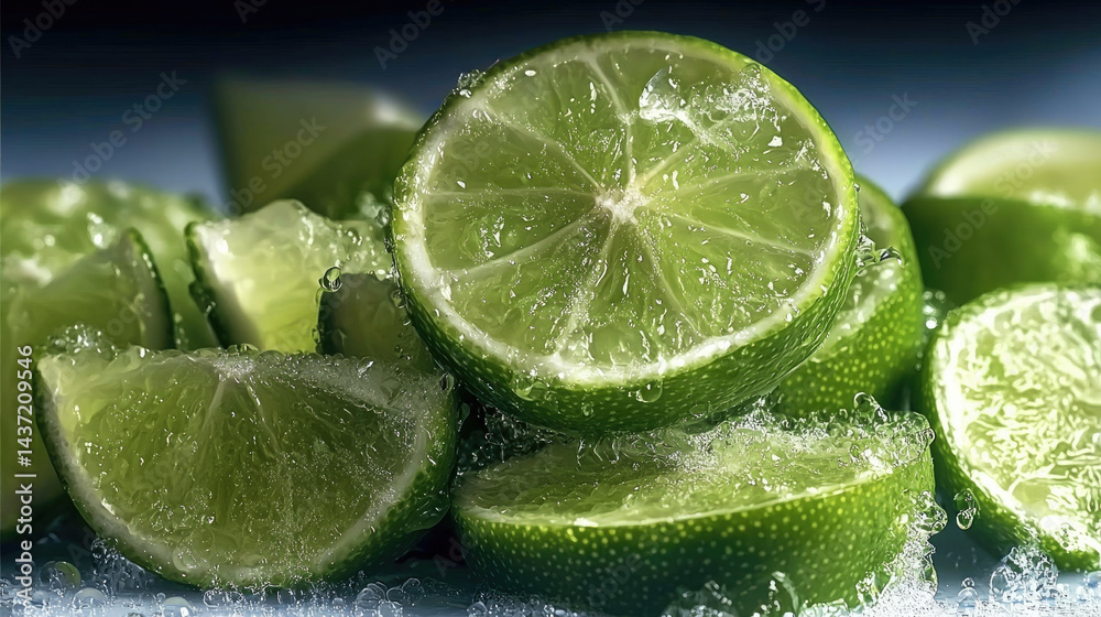 Poster fresh lime slices with water droplets on solid background, showcasing vibrant green color and juicy 