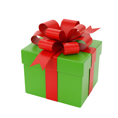 Obraz premium Green gift box with red ribbon and red bow on white or transparent background, PNG