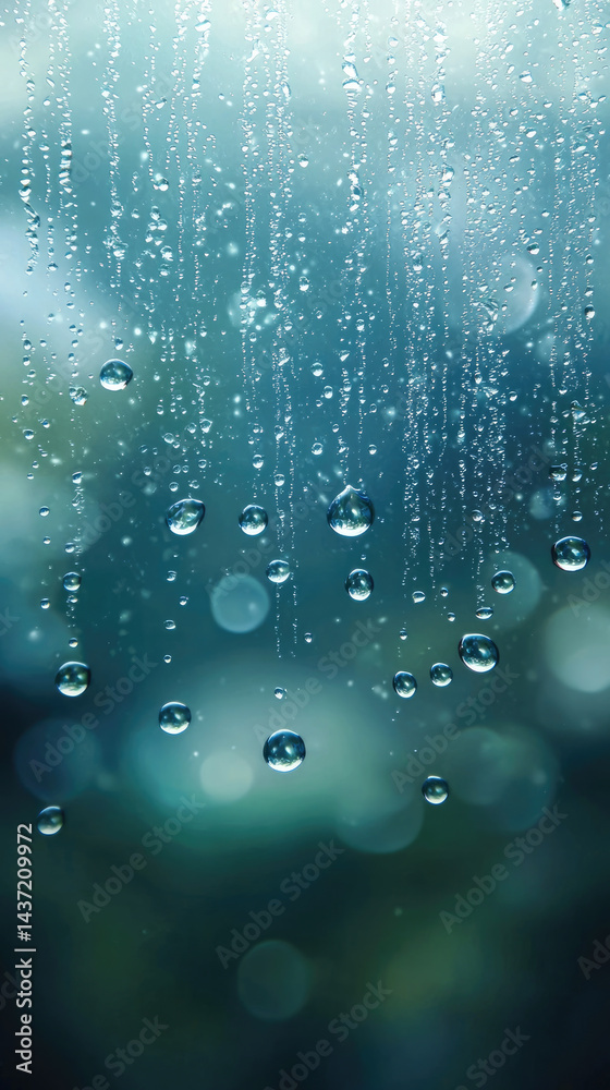Poster water droplets on clear glass window with condensation, creating tranquil and refreshing atmosphere,