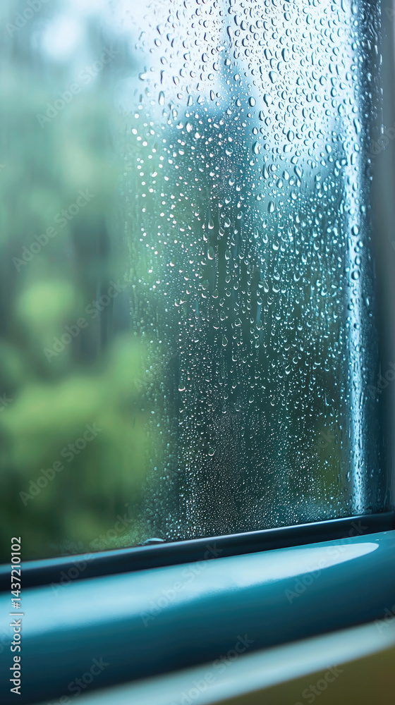 Aufkleber raindrops on clear glass window with blurred green nature background, creating calm and peaceful atm