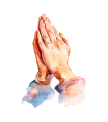 Watercolor Painting of Hands Clasped in Prayer Against Black Background