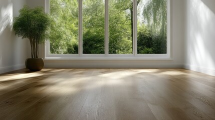 Obraz premium Empty room with large window and hardwood floor. Sunlight streams through the window, illuminating the light-brown floor. A potted plant sits in the corner
