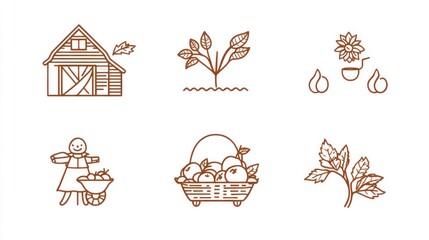 Obraz premium Farm harvest icons barn, plants, scarecrow, basket