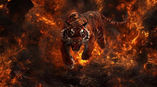 Highly Detailed Tiger in Fiery Background with Curly Swirls and Texture