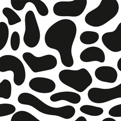 Seamless cow or dalmatian spot pattern with bold black shapes on white. Ideal for wallpaper, textiles, and creative decor. High quality vector artwork with a unique style.