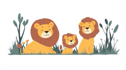 Lion family sitting in grass, savanna background; children's book illustration