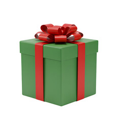 Green gift box with red ribbon and red bow on white or transparent background, PNG