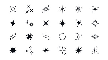 Set of star sparkle shapes with neon glow. Abstract shine effect vector icons in retro futuristic style. Twinkling stars, flashes, and bursts for creative design elements on a transparent bg
