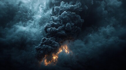 Large billowing cloud of thick black smoke rising high into the sky creating dramatic scene