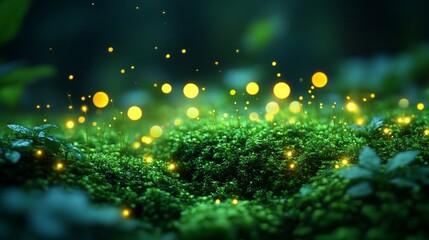 Close-up of glowing firefly moss with intricate green textures 